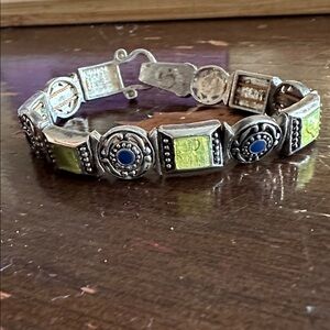 7”, Lapis & Resin? Quite Old Elastic & Pot Metal Panel Bracelet Tribal, 40’s